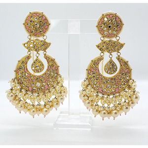 22K Gold Kundan Diamond Polki Earring Chand Bali